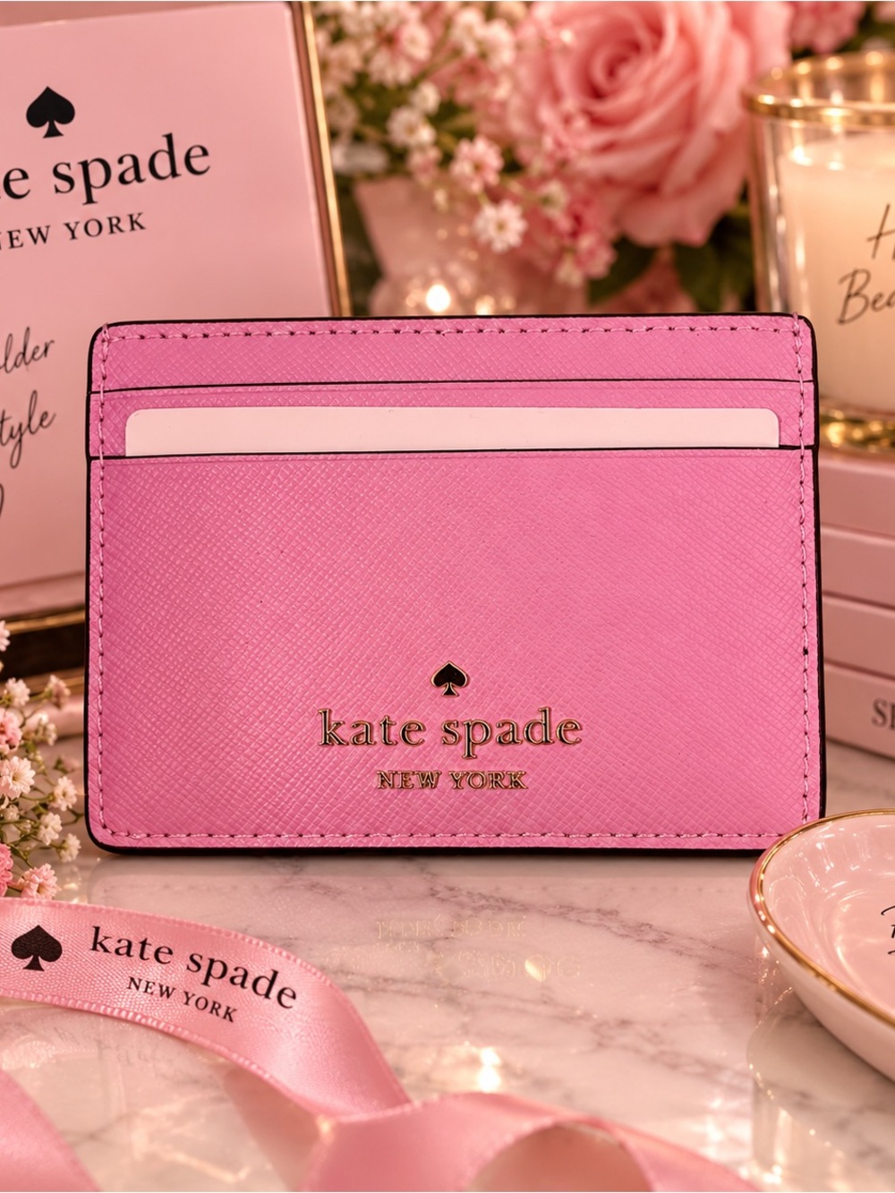 kate spade Pink Saffiano Leather Card Case with Gold Logo